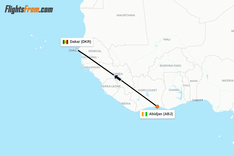 Flights from Abidjan to Dakar route map