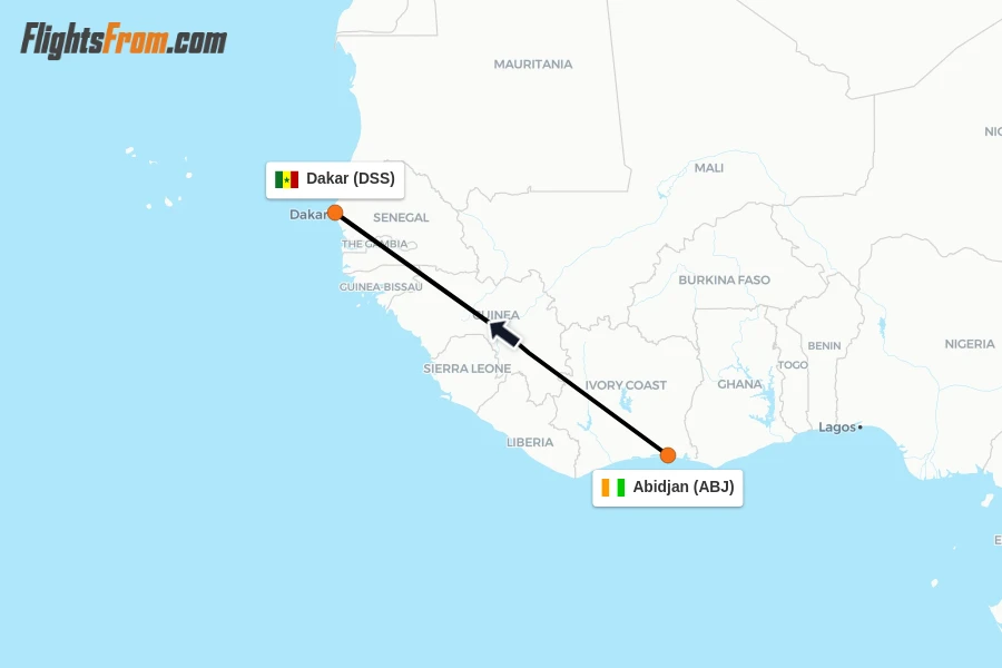 Flights from Abidjan to Dakar route map