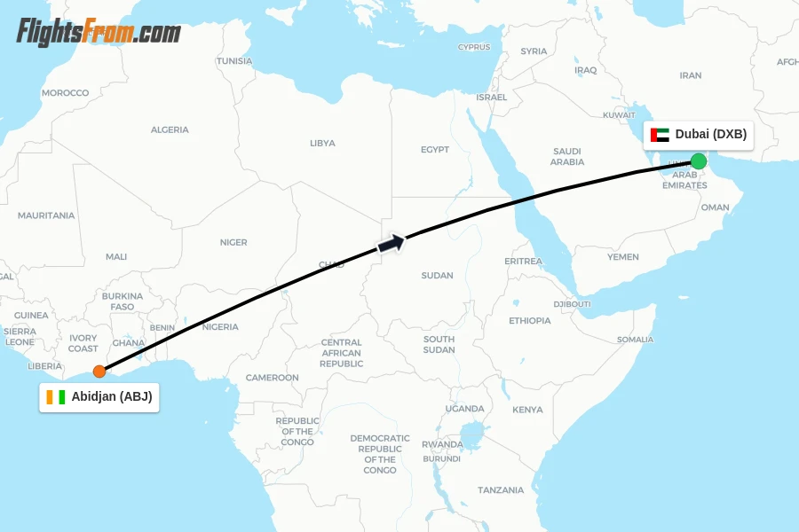 Flights from Abidjan to Dubai route map