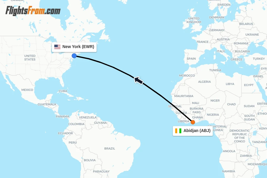 Flights from Abidjan to New York route map