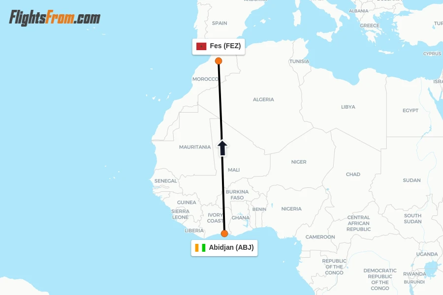 Flights from Abidjan to Fes route map