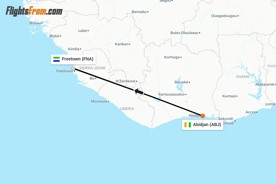 Flights from Abidjan to Freetown route map