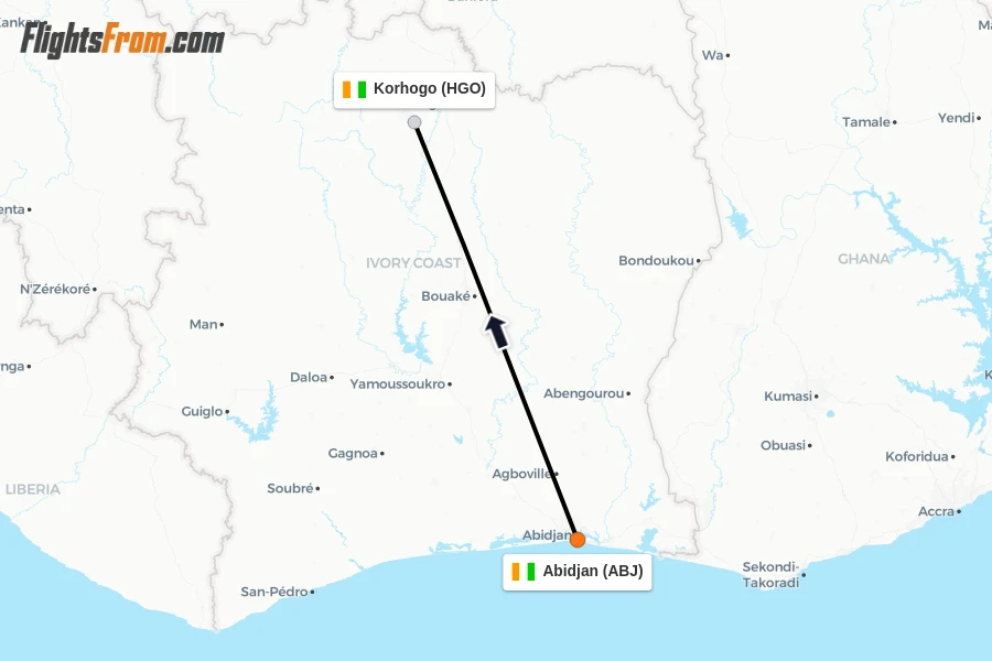 Flights from Abidjan to Korhogo route map