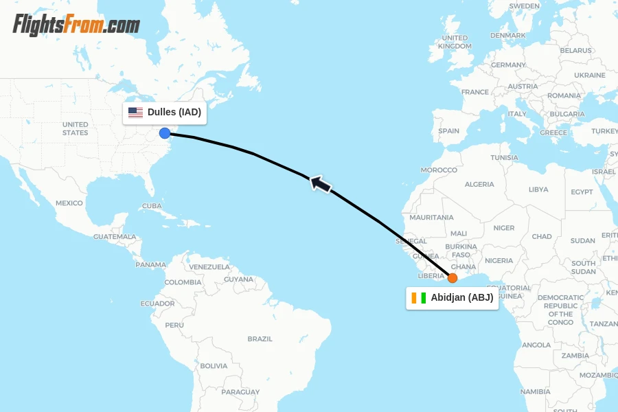 Flights from Abidjan to Dulles route map
