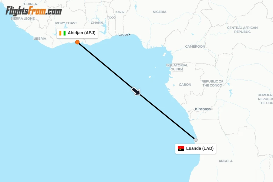 Flights from Abidjan to Luanda route map