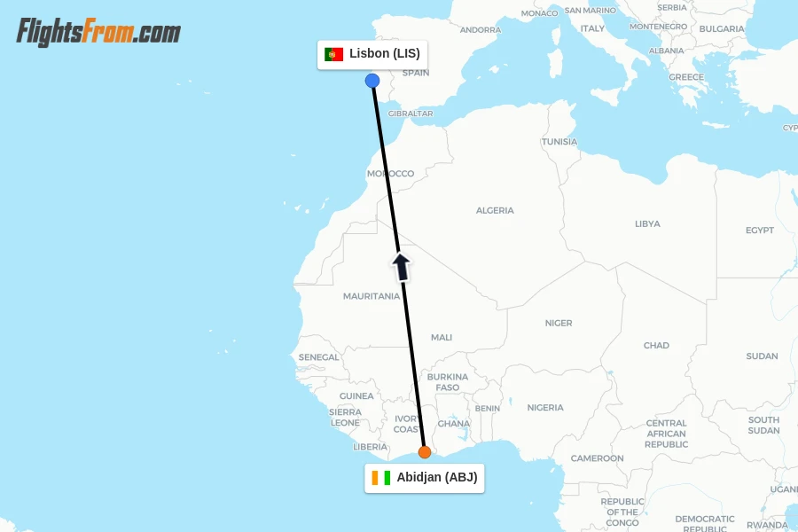 Flights from Abidjan to Lisbon route map