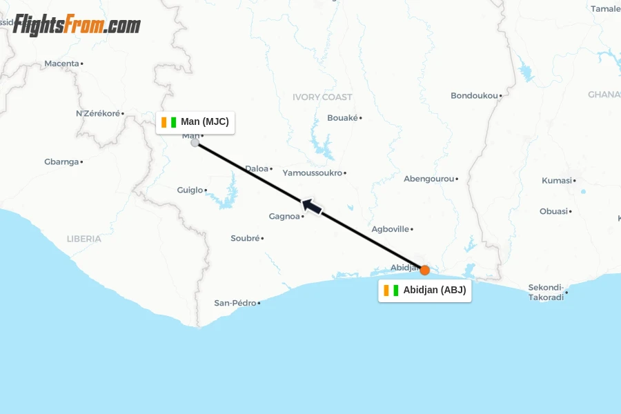 Flights from Abidjan to Man route map