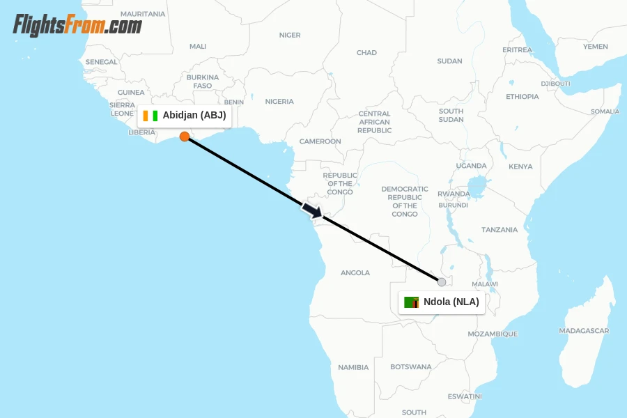Flights from Abidjan to Ndola route map