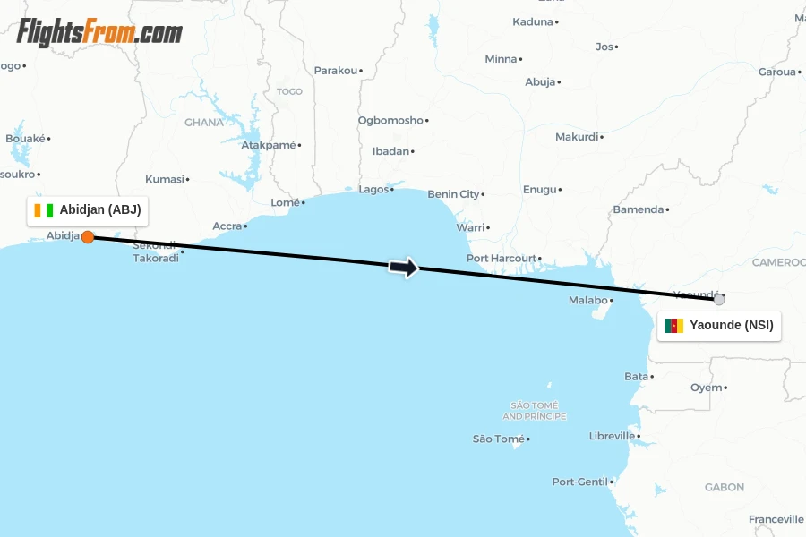 Flights from Abidjan to Yaounde route map