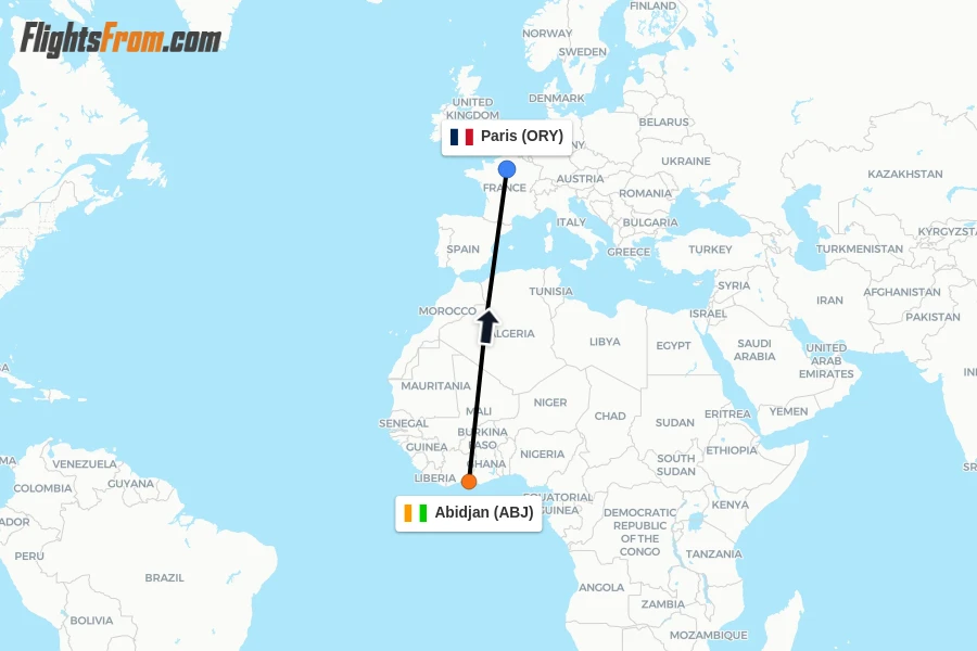 Flights from Abidjan to Paris route map