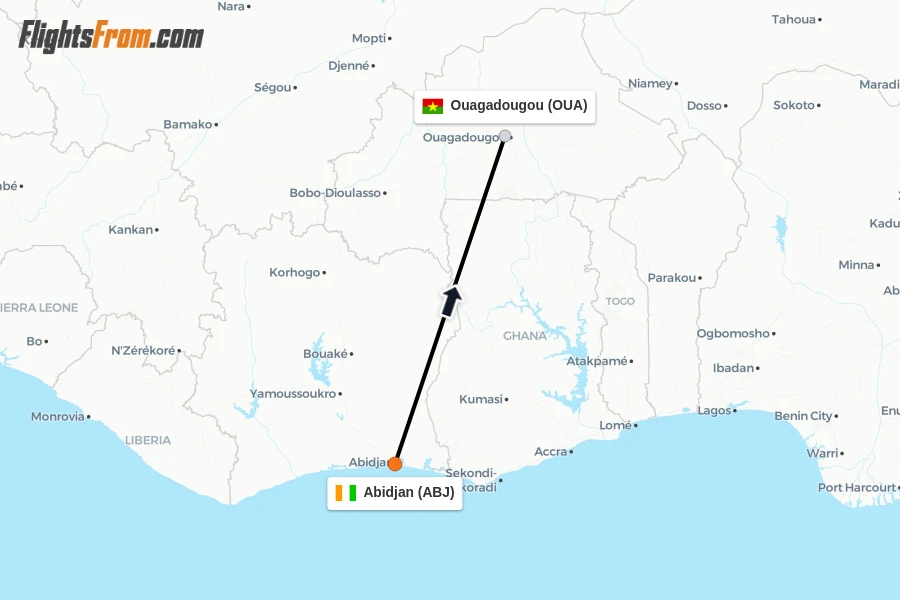 Flights from Abidjan to Ouagadougou route map