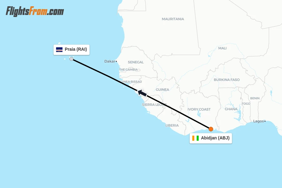 Flights from Abidjan to Praia route map