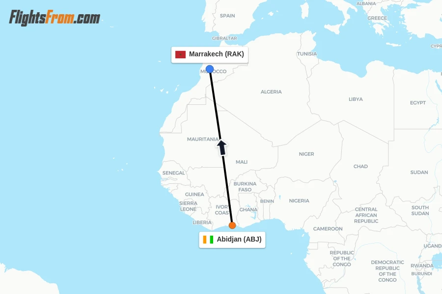 Flights from Abidjan to Marrakech route map