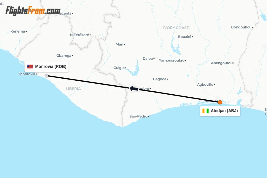Flights from Abidjan to Monrovia route map