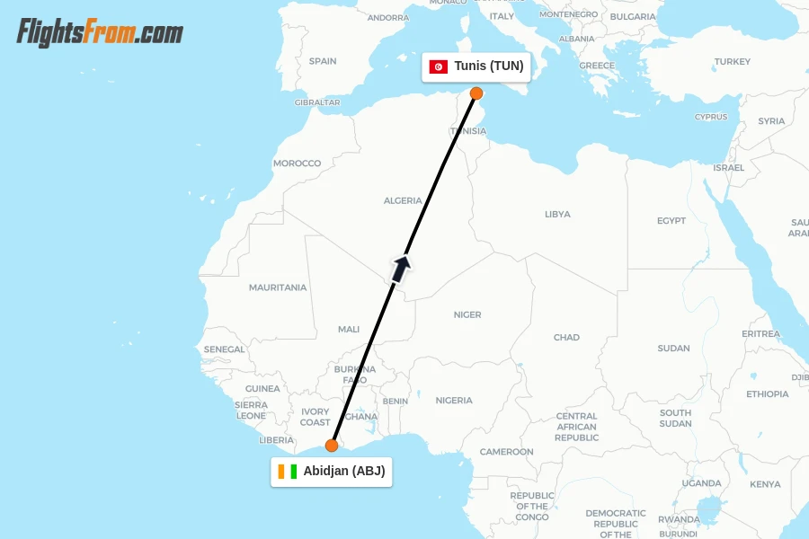 Flights from Abidjan to Tunis route map