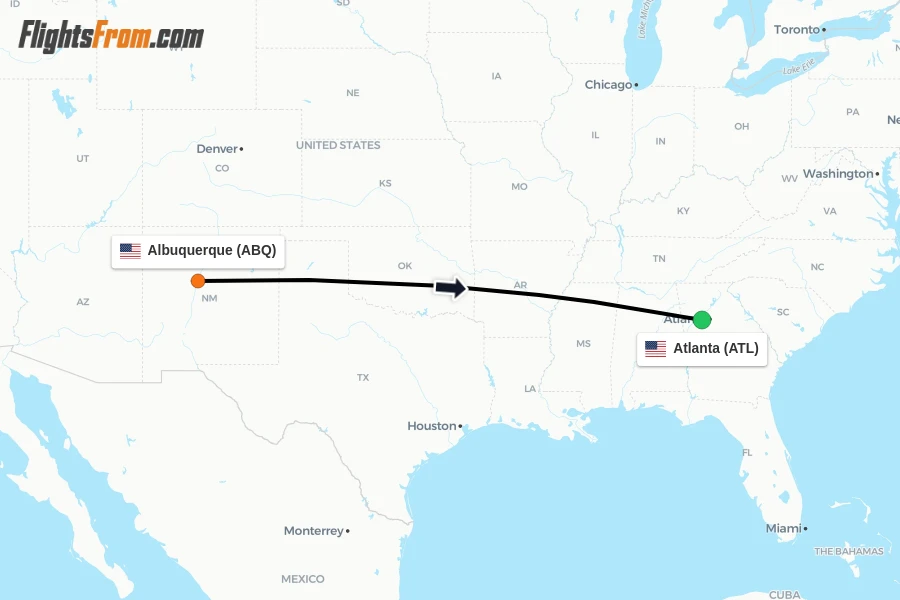 Flights from Albuquerque to Atlanta route map