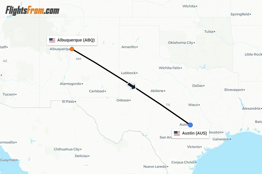 Flights from Albuquerque to Austin route map