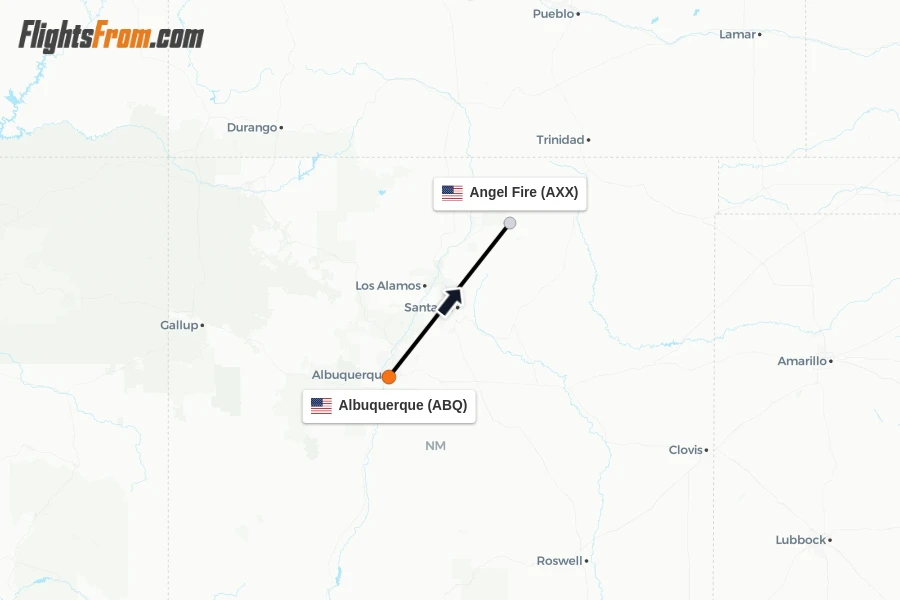Flights from Albuquerque to Angel Fire route map