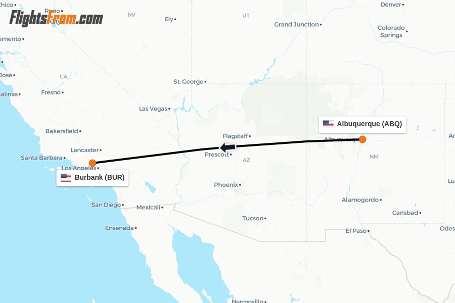 Flights from Albuquerque to Burbank route map