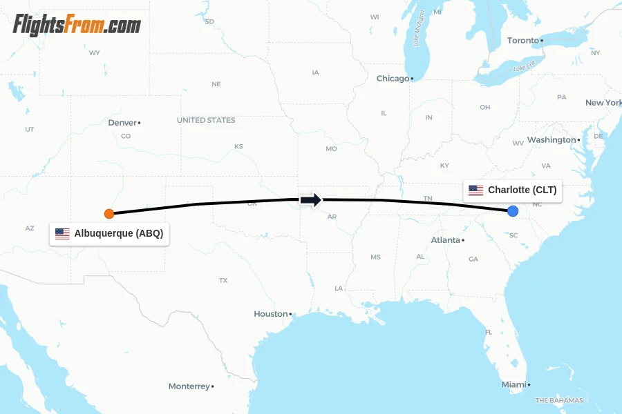 Flights from Albuquerque to Charlotte route map