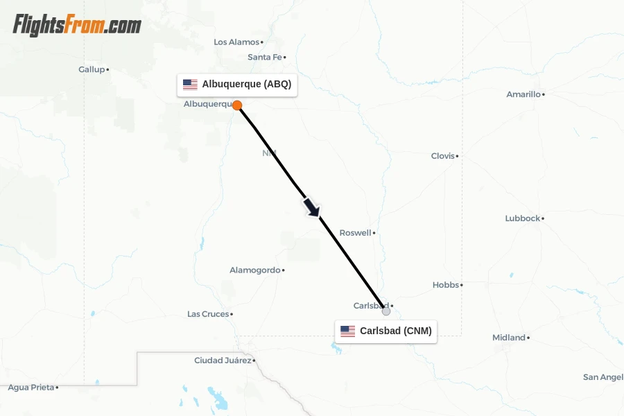 Flights from Albuquerque to Carlsbad route map