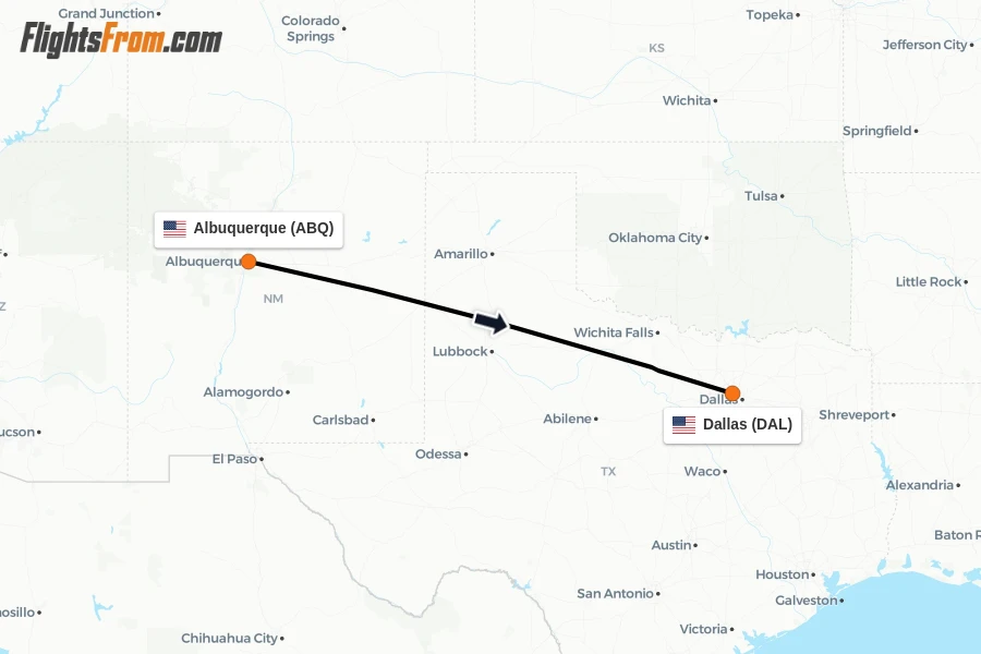 Flights from Albuquerque to Dallas route map