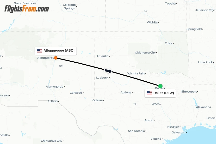 Flights from Albuquerque to Dallas route map