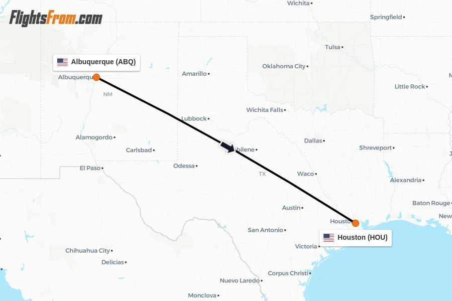 Flights from Albuquerque to Houston route map