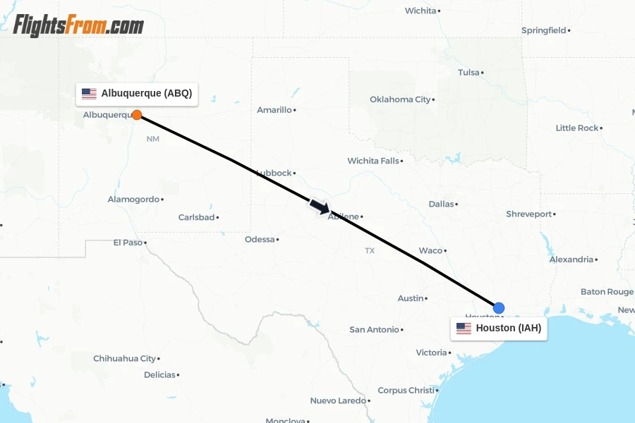Flights from Albuquerque to Houston route map