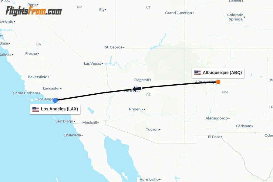 Flights from Albuquerque to Los Angeles route map