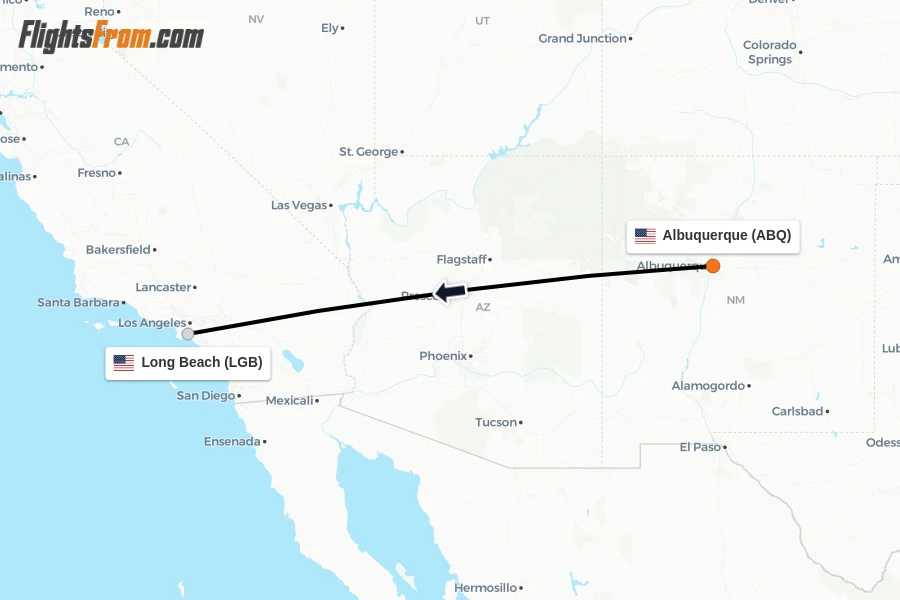 Flights from Albuquerque to Long Beach route map