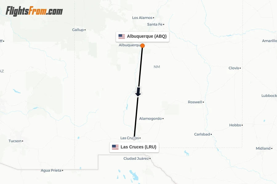 Flights from Albuquerque to Las Cruces route map