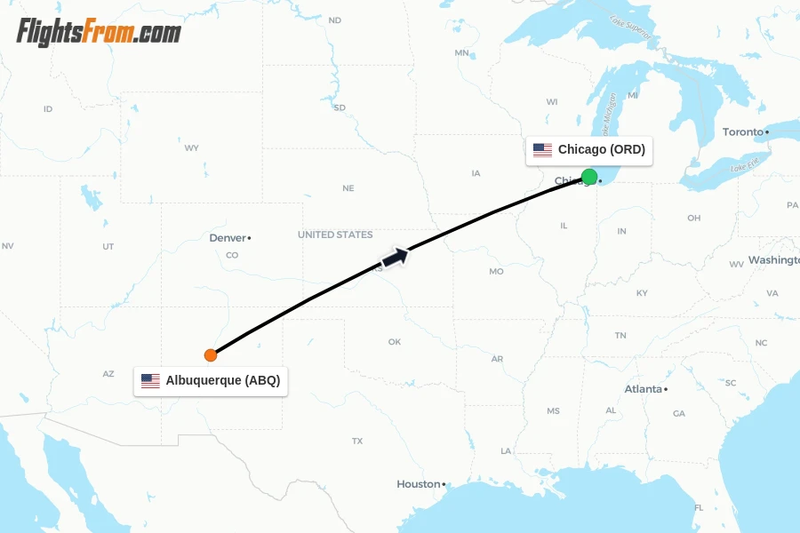 Flights from Albuquerque to Chicago route map