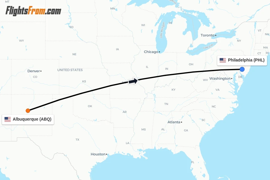 Flights from Albuquerque to Philadelphia route map
