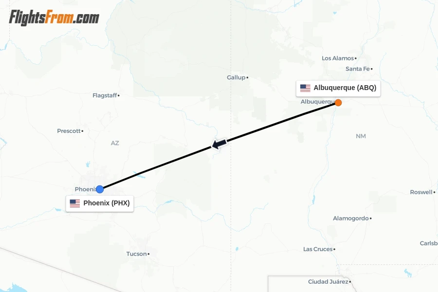 Flights from Albuquerque to Phoenix route map