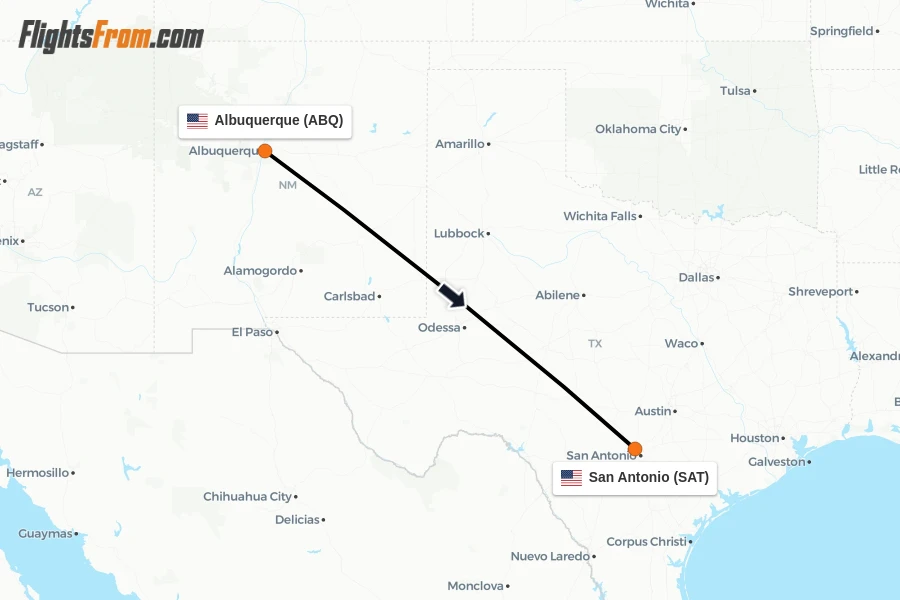 Flights from Albuquerque to San Antonio route map