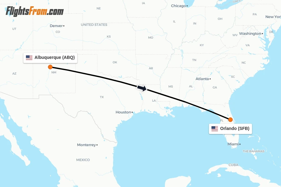Flights from Albuquerque to Orlando route map