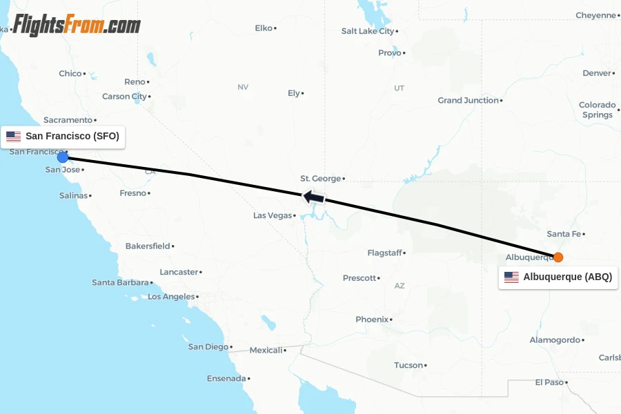 Flights from Albuquerque to San Francisco route map