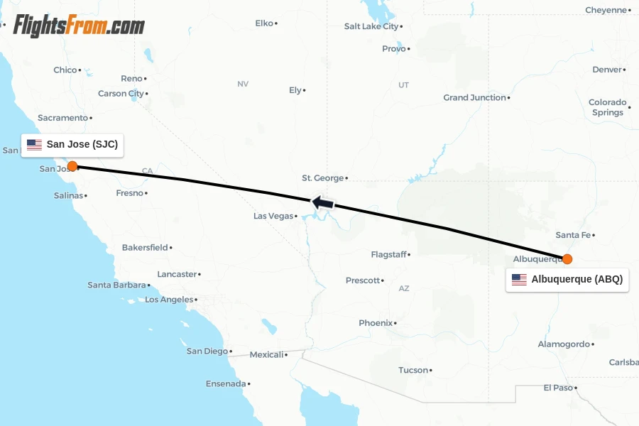 Flights from Albuquerque to San Jose route map