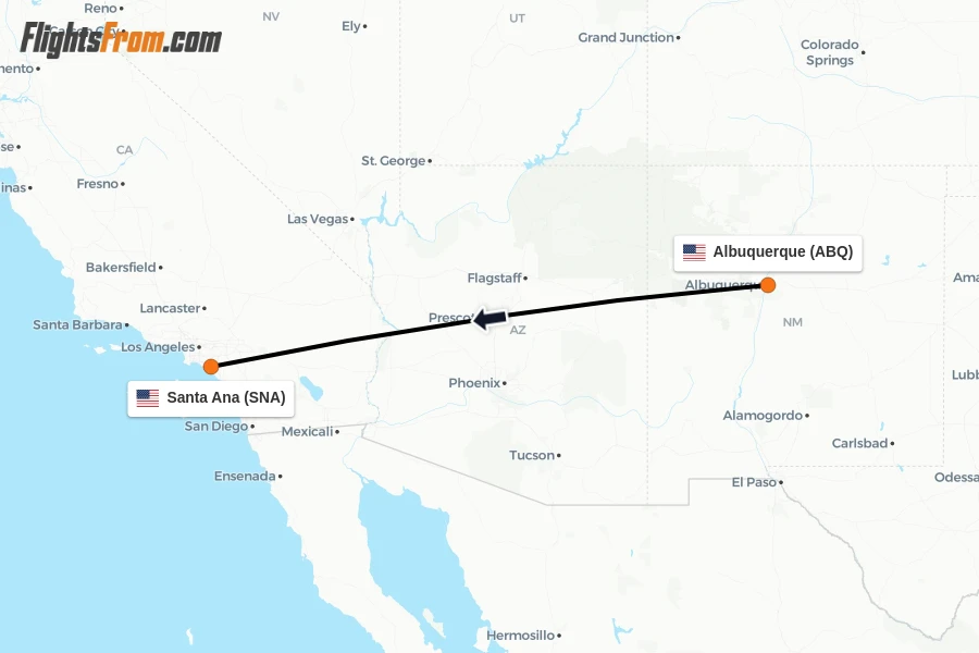 Flights from Albuquerque to Santa Ana route map