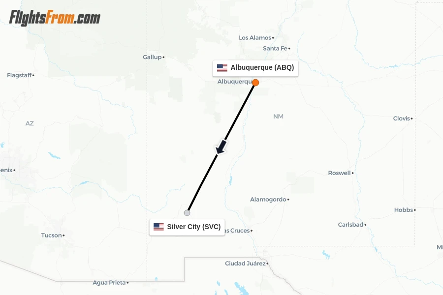 Flights from Albuquerque to Silver City route map