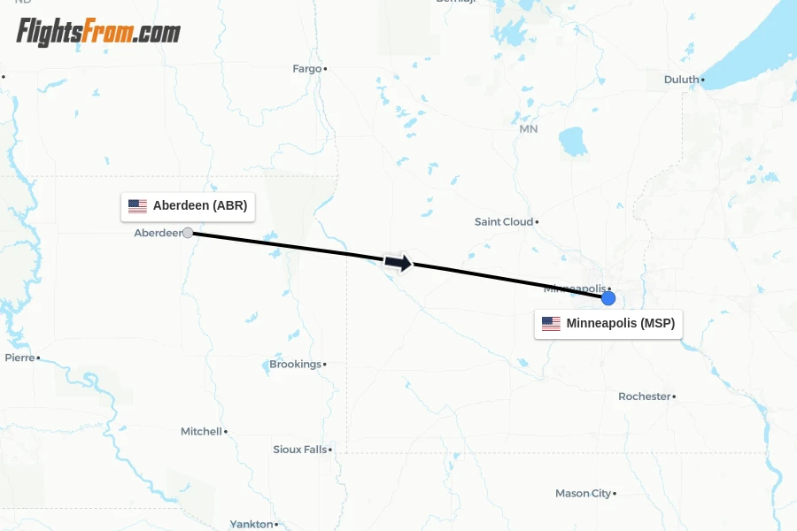 Flights from Aberdeen to Minneapolis route map