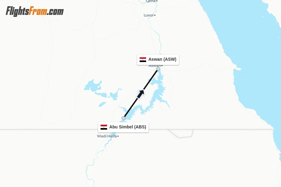 Flights from Abu Simbel to Aswan route map
