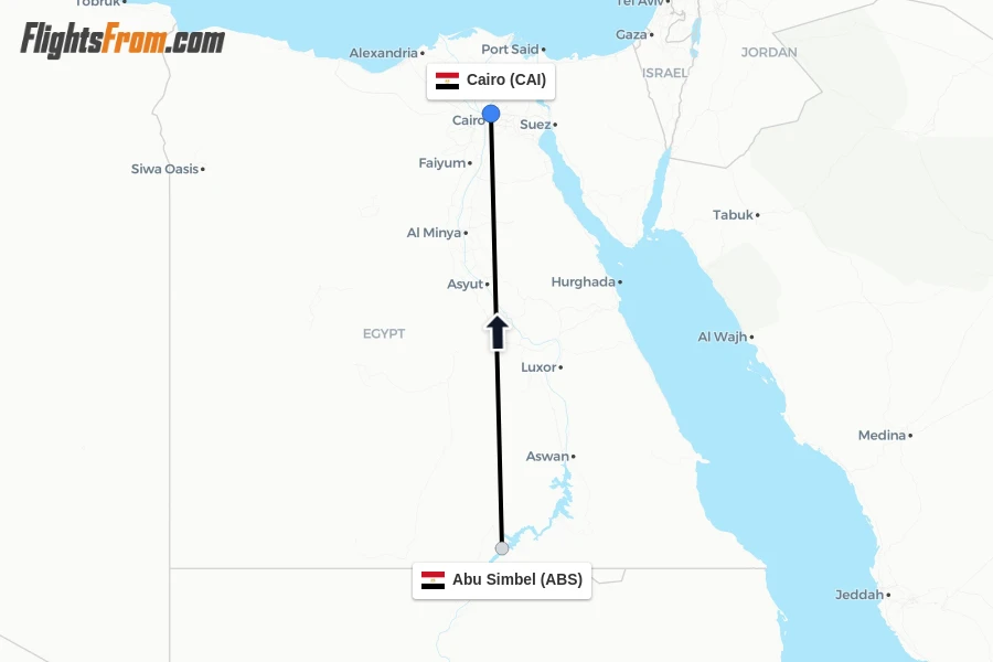 Flights from Abu Simbel to Cairo route map