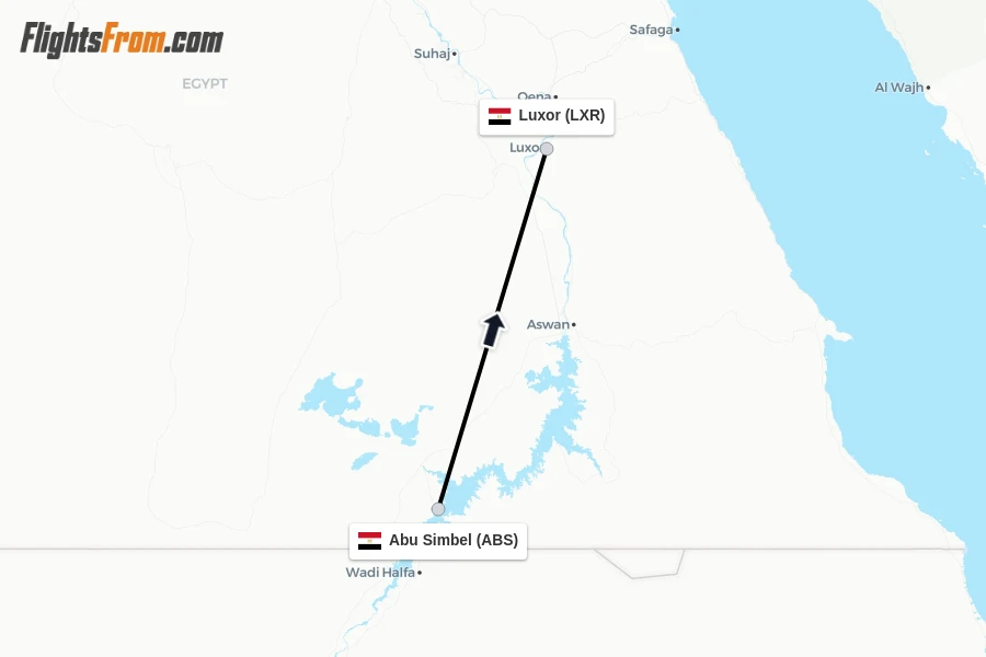 Flights from Abu Simbel to Luxor route map