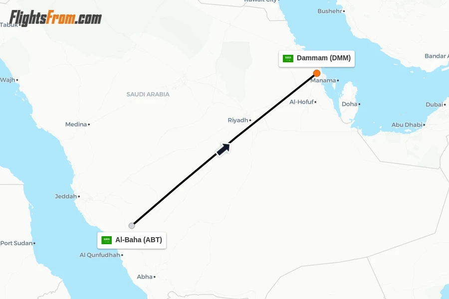 Flights from Al-Baha to Dammam route map