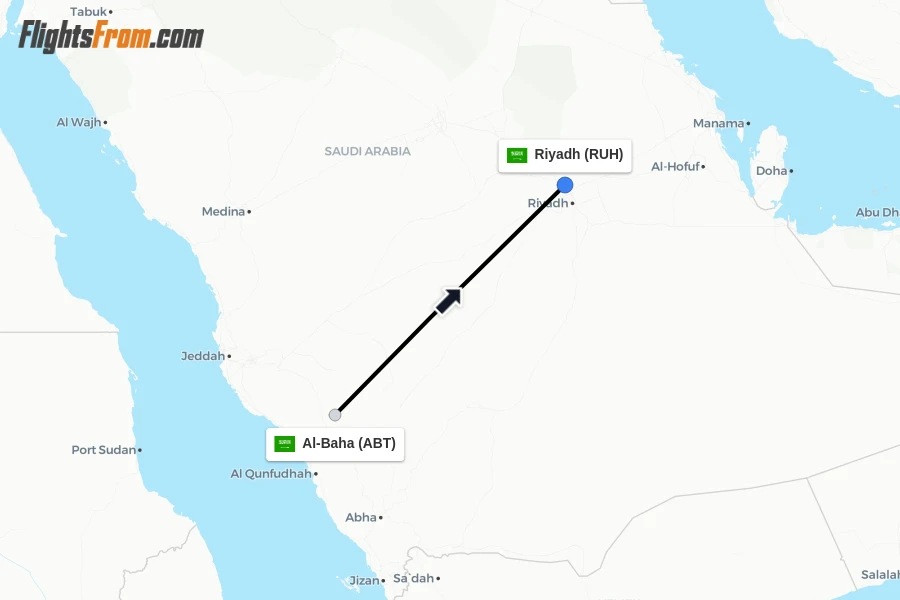 Flights from Al-Baha to Riyadh route map