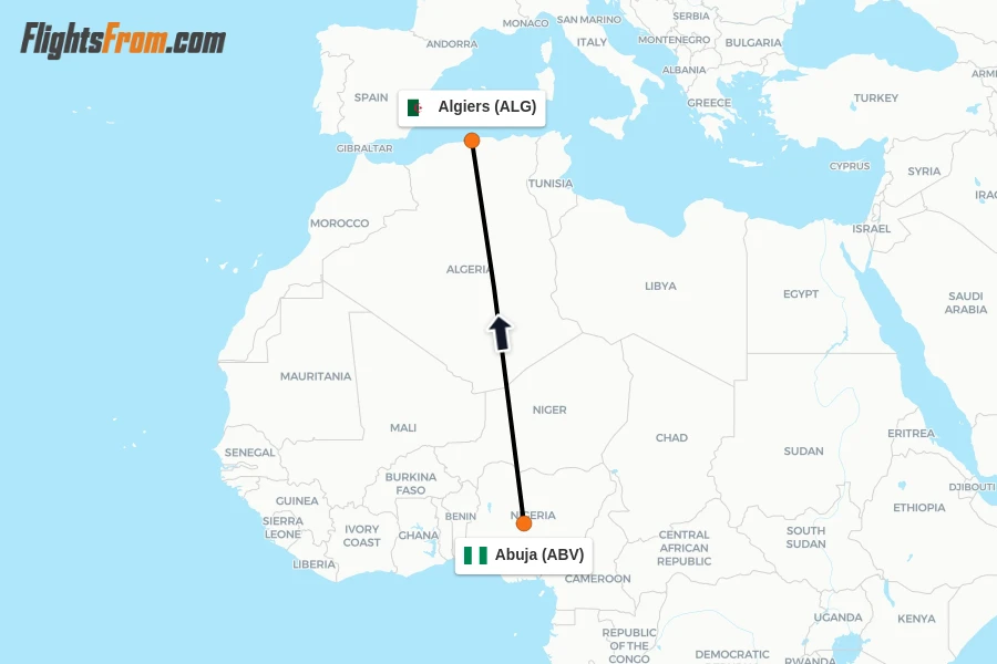 Flights from Abuja to Algiers route map