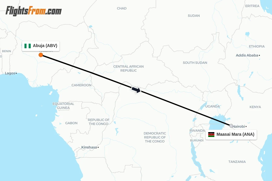 Flights from Abuja to Maasai Mara route map