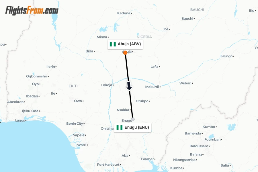 Flights from Abuja to Enugu route map